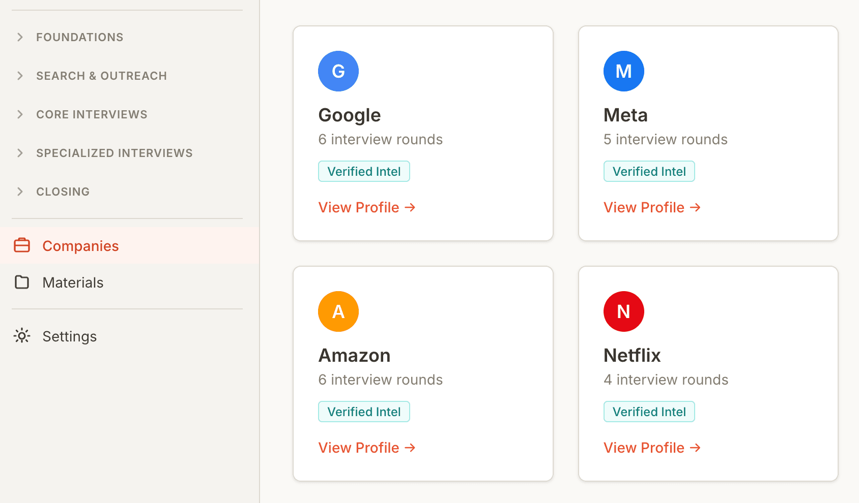 Company Hub grid with verified intel badges for 25 companies