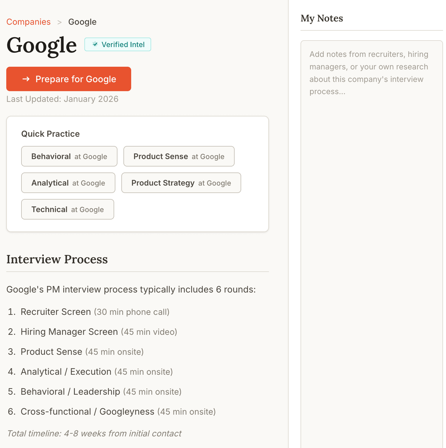 Company profile with interview rounds and verified intel