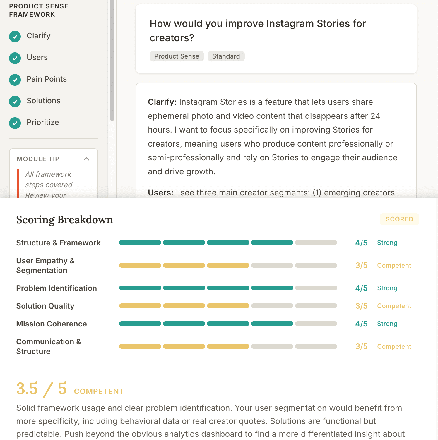 Product Sense scoring breakdown with rubric dimensions
